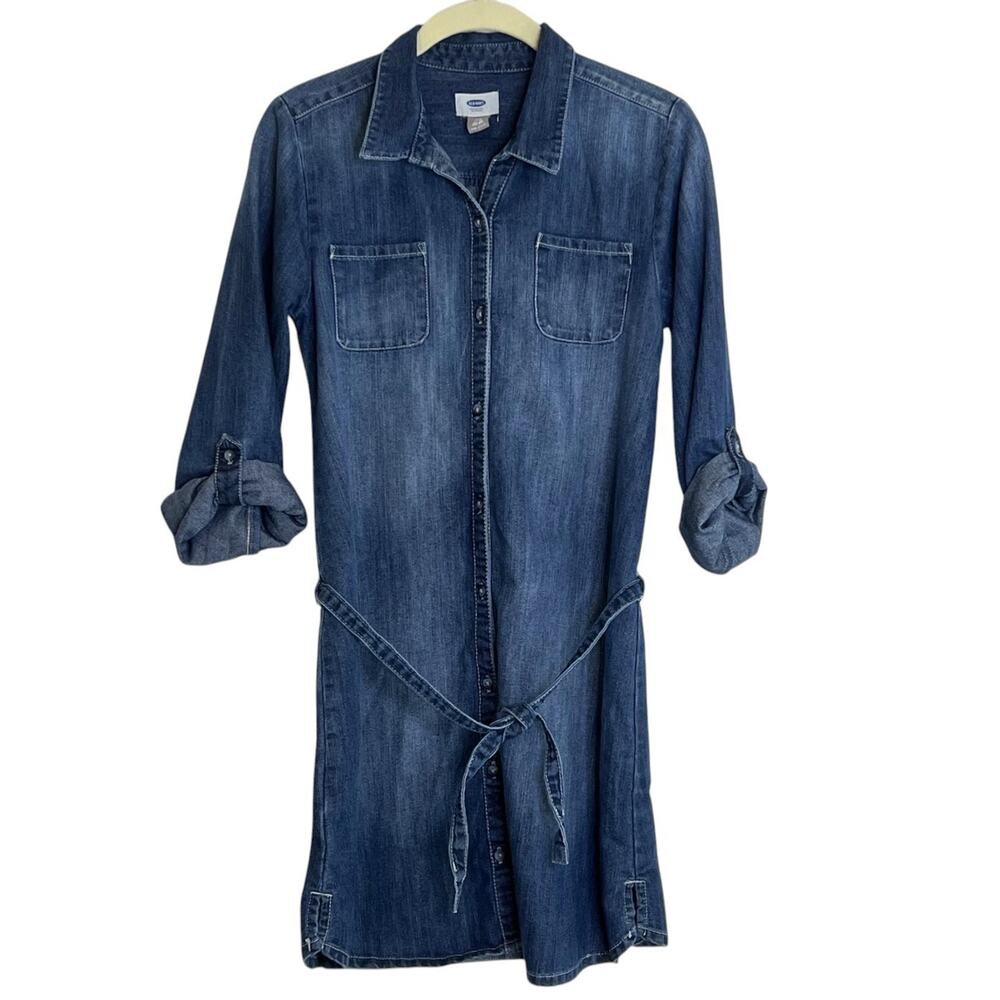 Old Navy Girls Denim Shirt Dress XL 14 Blue Belted Roll Tab Sleeve